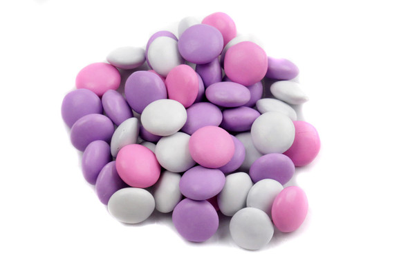 Pink, purple, white milk chocolate gems, "It's A Girl Mix" for baby showers. Approximately 400 bulk candies per pound.