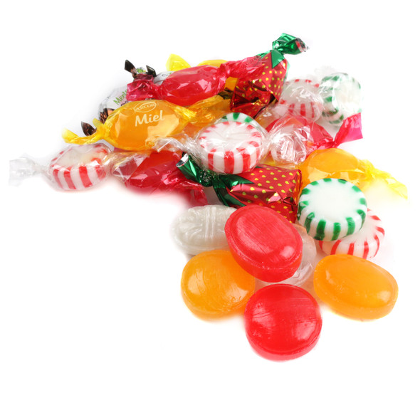 Arcor Assorted Hard Candy Mix, colorful bulk bag of individually wrapped butterscotch, fruit, mint, cinnamon hard candies.