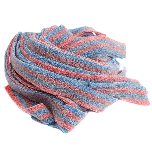 Blazpberry Sour Belts, 50 per pound, with vibrant blue and red stripes, tangy raspberry flavor, 9 inches long.
