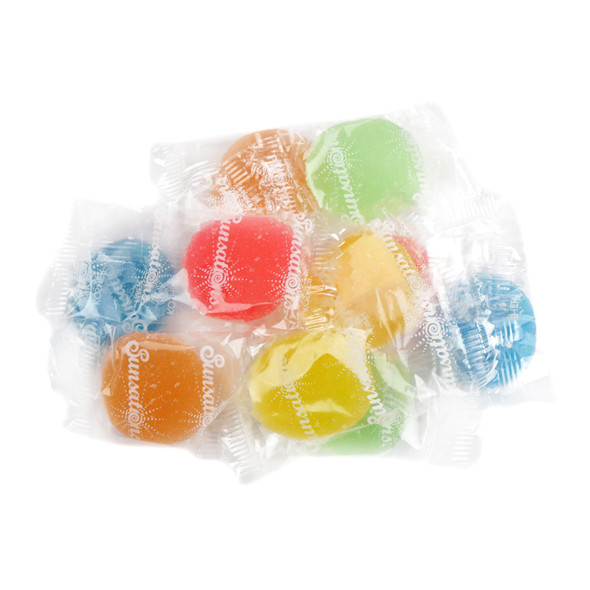Sunsations Assorted Fruit Jellies, individually wrapped, colorful rainbow, 35 pieces per pound, gluten-free candy.