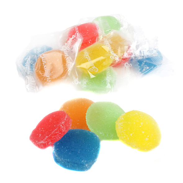 Sunsations Assorted Fruit Jellies, individually wrapped, colorful rainbow mix, approx 35 per pound, gluten-free, fruit flavor.