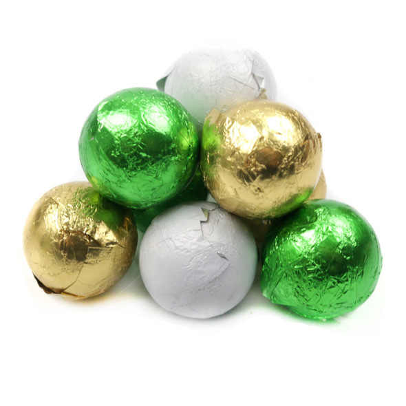 Milk Chocolate Balls, St. Patrick's Day Mix, festive green foil wrappers. Approx 60 per lb, 3/4 inch solid milk chocolate.