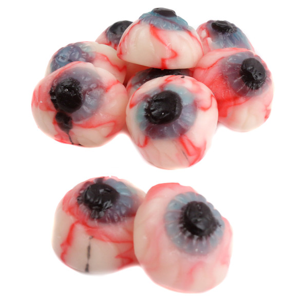 Multiple colorful gummy eyeballs, strawberry & creme flavored Halloween candy treats, perfect for spooky candy dishes.