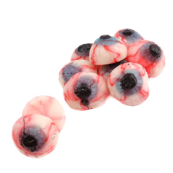 Spooky white gummy eyeballs with red iris, strawberry & creme flavor. Creepy Halloween candy for candy dishes.