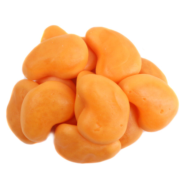 Bright yellow orange Gummy Filled Spicy Mangos, 70 pieces per pound, sweet and spicy non-GMO candy.