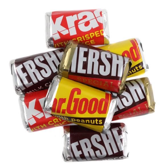 Hershey Miniatures, assorted mini chocolate bars: Milk, Dark, Mr. Goodbar, Krackel. Approx. 50 pieces per pound.