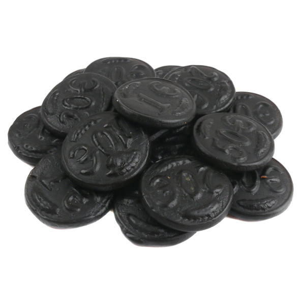 2.2LB Salty Black Licorice Coins, firm round black candy embossed with Euro denominations, imported from Holland.
