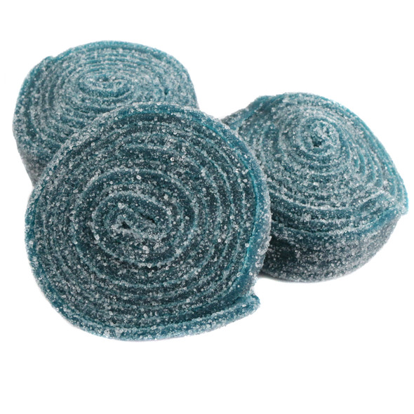 Rolled Berry Blue sour belts, approx 12 per lb. Sweet, sour, blue raspberry gummy candy for baby shower favors.
