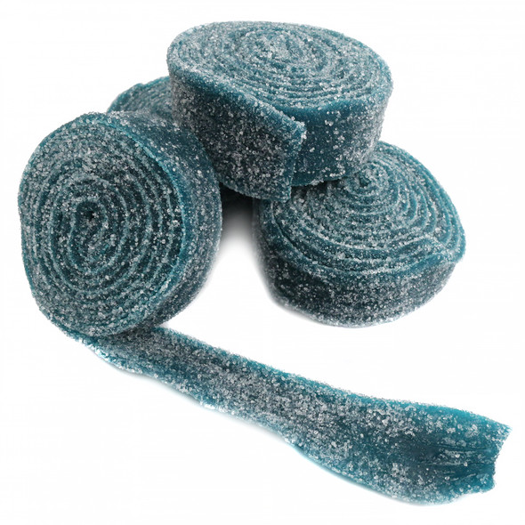 Rolled Berry Blue sour gummy belts, sweet and sour, rolled up, approximately 12 pieces per pound.