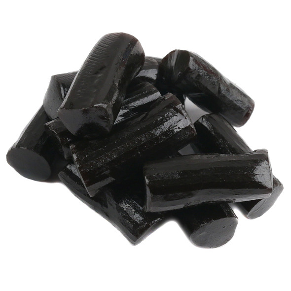 Finnska Soft Black Licorice bites, glossy black finish, approx 90 pieces per pound, Finnish style candy.