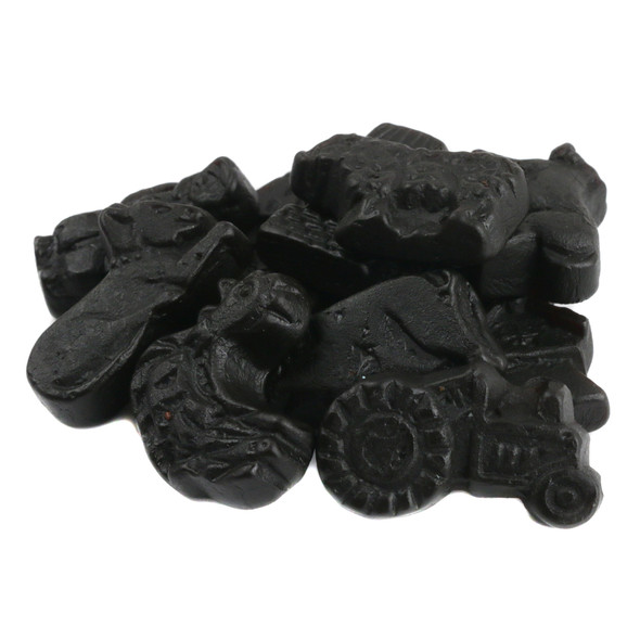 Gerrit Verburg Farm Salt Black Licorice, bulk unwrapped Dutch farm animal shaped candy, salty, firm, glossy black pieces.