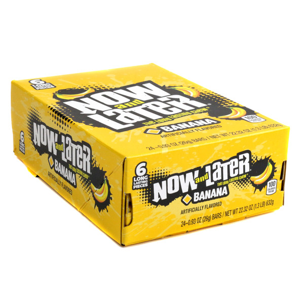 Now and Later Banana 24 pack, individually wrapped yellow hard chew taffy squares with sweet banana flavor.