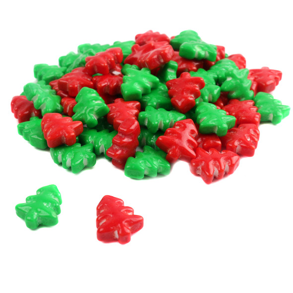 Vibrant red and green mini Christmas tree pressed candies, approximately 570 pieces per pound, 1/2 inch tall.
