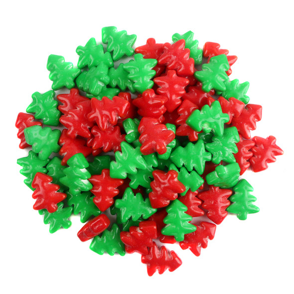 Vibrant red and green mini Christmas tree pressed candies, approx. 570 pieces per pound, 1/2 inch tall, for holiday candy dishes.