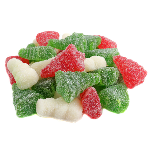 Sanded Gummy Trees & Snowmen, assorted fruit-flavored candies with a snowy white coating. Approx 27 per pound.