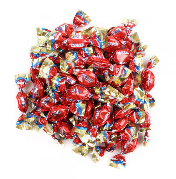 Glitterati Amaretto D'Italia miniature hard candies, sweet nutty almond flavor, bright red wrappers, approx 450 pieces per pound.