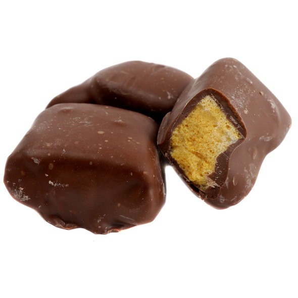 Asher's Dark Chocolate Covered Honeycombs. Crunchy golden pieces, rich dark brown chocolate coating. Approx 15 per pound, USA.