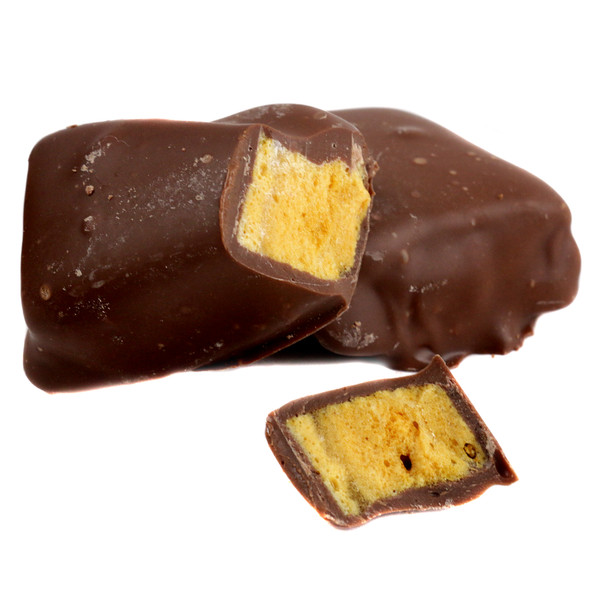 Ashers dark chocolate covered crunchy golden honeycomb pieces, rich brown, approx 15 per pound.