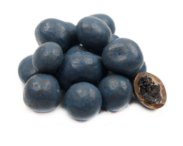 Luscious blue milk chocolate covered blueberries, sweet berry candy pieces, rich brown chocolate, USA made snack.