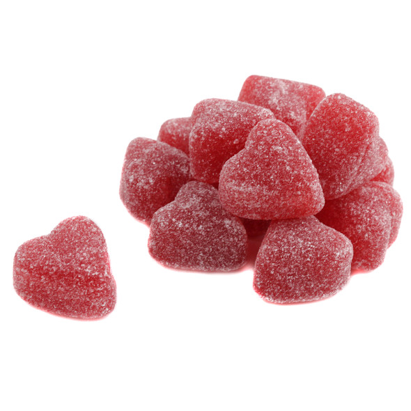 Vibrant red, chewy cinnamon jelly hearts, sparkling with sanding sugar, approx 45 per pound, Valentine's Day candy.