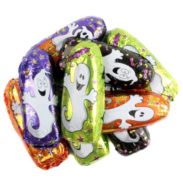 Madelaine Chocolate Ghosts, foil wrapped milk chocolate, bite-sized Halloween candy, approx 56 pieces per pound.