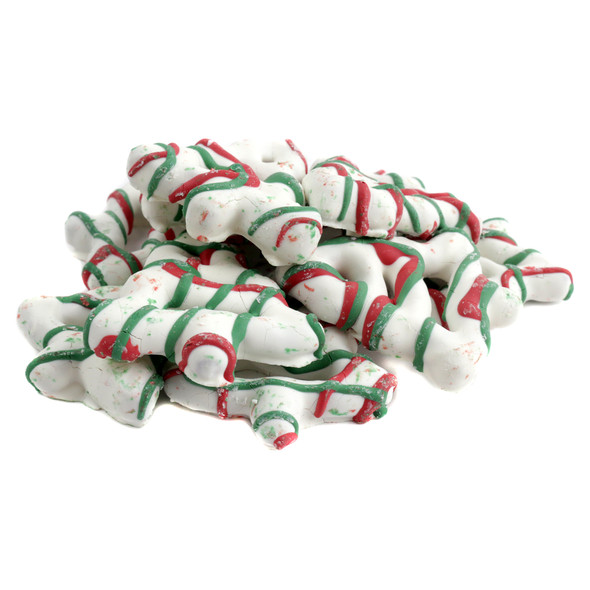 White yogurt covered Christmas tree pretzels, red and green drizzle. Approximately 60 festive holiday pretzels.