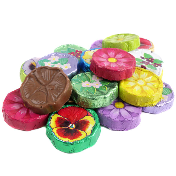 Solid milk chocolate flowers, assorted Daisies, Pansies, Violets. Approx 55 per pound, Valentine's, Easter.