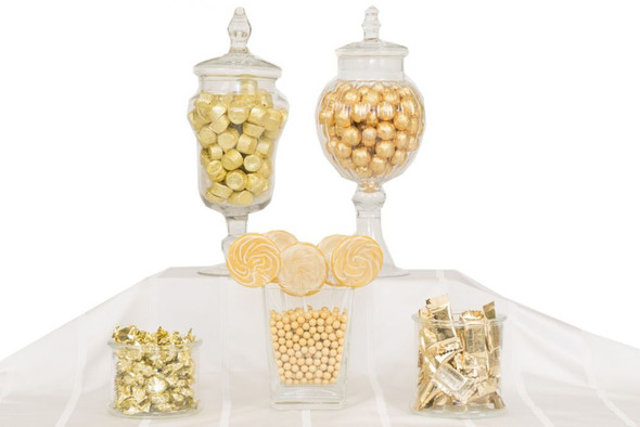 Dazzling gold candy buffet, 9-15lb assorted gold candies, Werther's, Reeses, gumballs, chocolate balls, rock candy, lollipops.