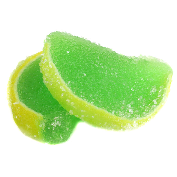 5LB box of unwrapped, sweet, tangy, green Key Lime jelly fruit slices, sanded with sugar, approx. 90 pieces.