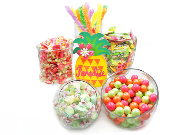 Tropical luau candy buffet. 12-16lb vibrant pink, orange, green, yellow gumballs, taffy, rock candy, gummy flamingos.