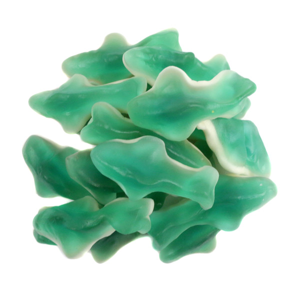 Vibrant blue raspberry mini gummy sharks with sweet marshmallow bottoms, approx. 1.5 inches long, 85 per pound.