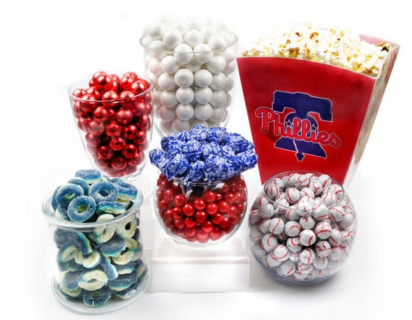 Baseball candy buffet with sour balls, chocolate baseballs, white gumballs, and custom color chocolate balls, 12-19lbs candy, 30-60 twist pops.