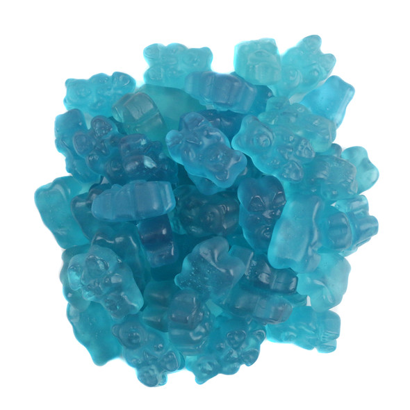 Aqua blue watermelon gummy bears, 1-inch long, approx 145 per pound, juicy watermelon flavor. Made in USA.