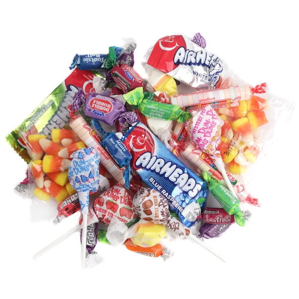 Vibrant 5lb Halloween candy mix, approx 235 pieces. Includes colorful Airheads, Salt Water Taffy, Candy Corn, Lollipops.