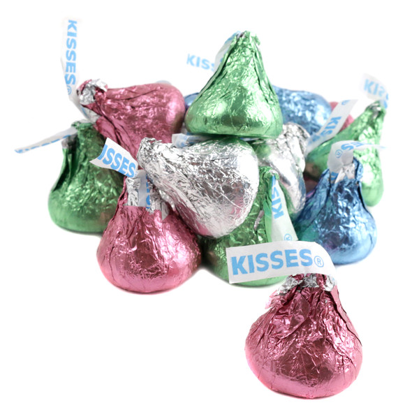 Pastel wrapped Easter Hershey Kisses, classic chocolate candy, approximately 90 per pound.
