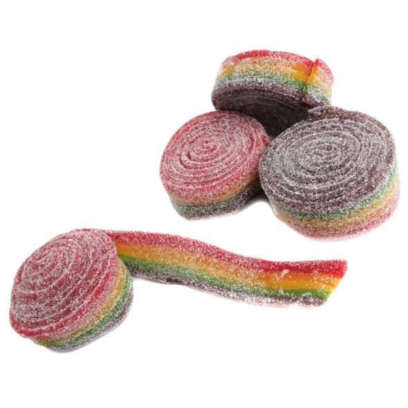 Rolled sour rainbow belts, sweet and sour gummy candy, approx 12 pieces per pound.