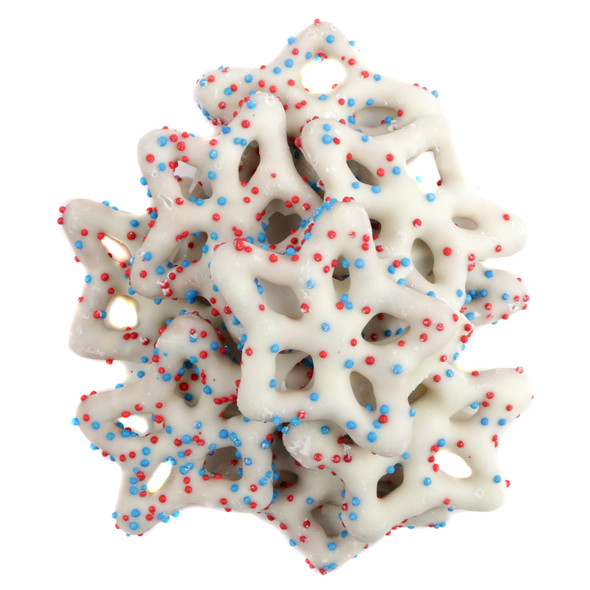 Red White and Blue star-shaped yogurt pretzels, coated with red, white, blue candy pieces, approx 42 per pound.