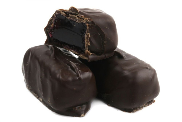 Ashers dark chocolate raspberry jelly candy, bite-size, rich brown chocolate, red raspberry jelly, approx 29 pieces/lb.
