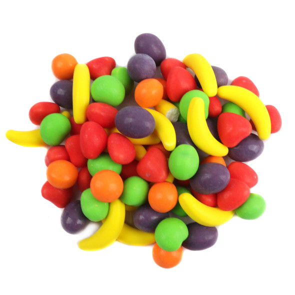 Rainbow Runts candy, diverse fruit shapes like oranges, strawberries, bananas, apples, berries. Approx 400 pieces per pound.