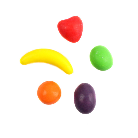 Colorful Runts pressed candy, fruit-shaped, with orange, strawberry, berry, banana, apple flavors. Bulk, approx 400 pieces.
