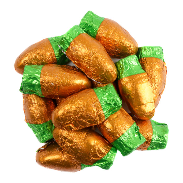 Individually wrapped orange foil chocolatey double crisp Easter bunny carrots, approx 46 per pound.