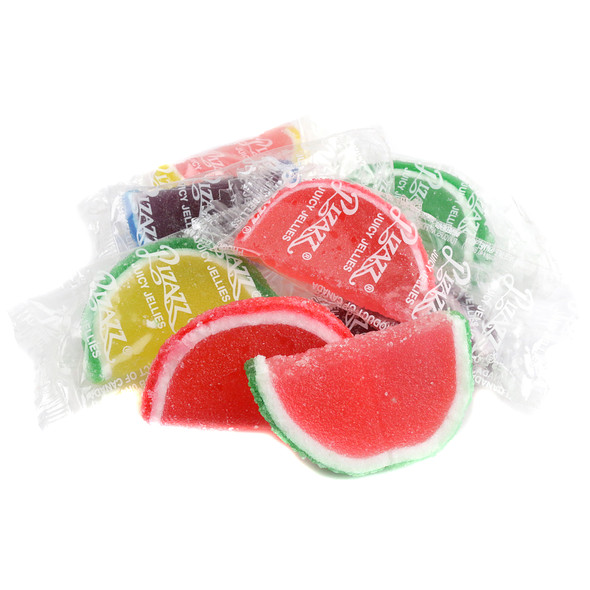 Bulk bag of assorted colorful jelly fruit slices, individually clear wrapped, sugar-coated, 32 per pound.