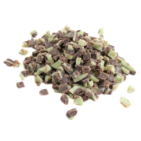 Andes Baking Chips, 1 pound, mint chocolate flavor with distinct green, brown, white layers for baking.