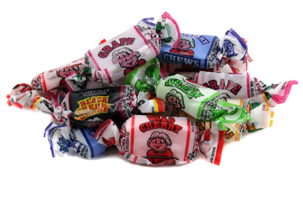 Bulk Albert's Fruit Chews. Super assortment of colorful chewy rainbow candies, flavors: apple, blue raspberry, grape, peach, strawberry.