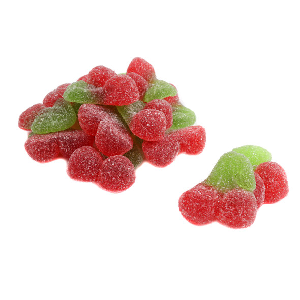 Gummy Sour Twin Cherries, red, realistic, with stems. About 64 tart, chewy, bite-sized candies per pound.