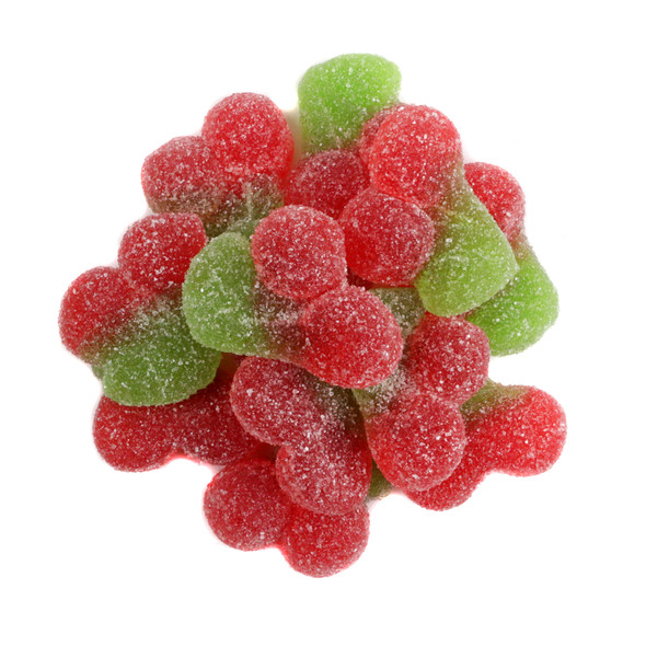 Bright red, bite-sized gummy sour twin cherries, connected by stems, 64 per pound, sweet & sour candy.