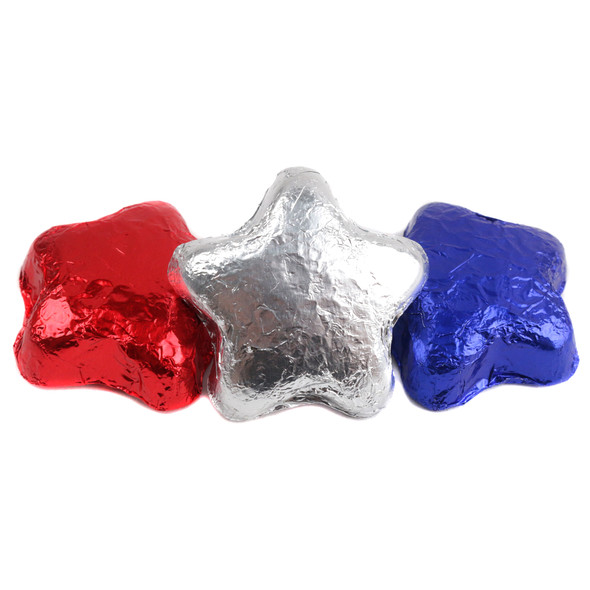 Premium milk chocolate stars, red, white, blue, silver foils, approx 45 per pound, Madelaine Chocolate Co.