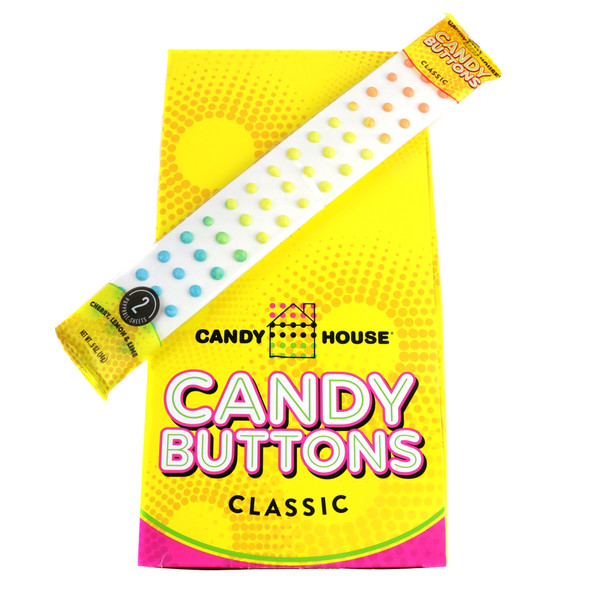 Candy Buttons, classic colorful candy dots on paper, 24 individually wrapped bags, rainbow fruit flavors.