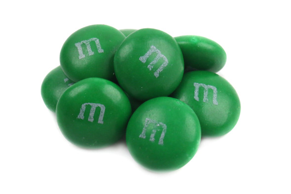 Green M&M's, dark green candy coated chocolate, bulk approx 500 per pound, candy buffet, St. Patrick's Day.