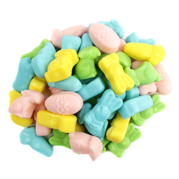 Assorted pastel Easter Eggs and Bunnies Mellocreme candy mix, approximately 95 pieces per pound.